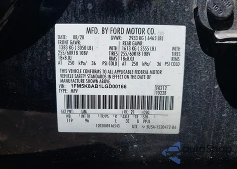 2020 Ford Police Interceptor from USA, damaged, VIN 1FM5K8AB1LGD00166